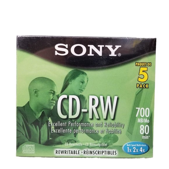 Sony CD - RW 5 Pack Blank Discs 700MB 80 Min Rewritable 5CDRW700L New, Sealed - Picture 1 of 15